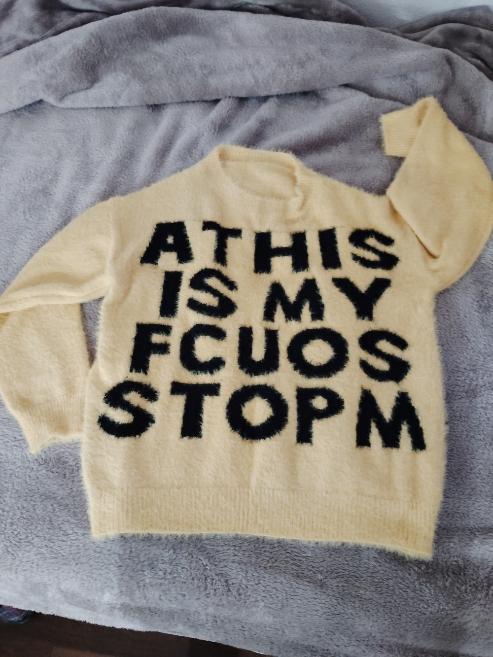 Urban Bright Yellow Graphic Fuzzy Boyfriend Sweater w/ Black Lettering- Dopamine